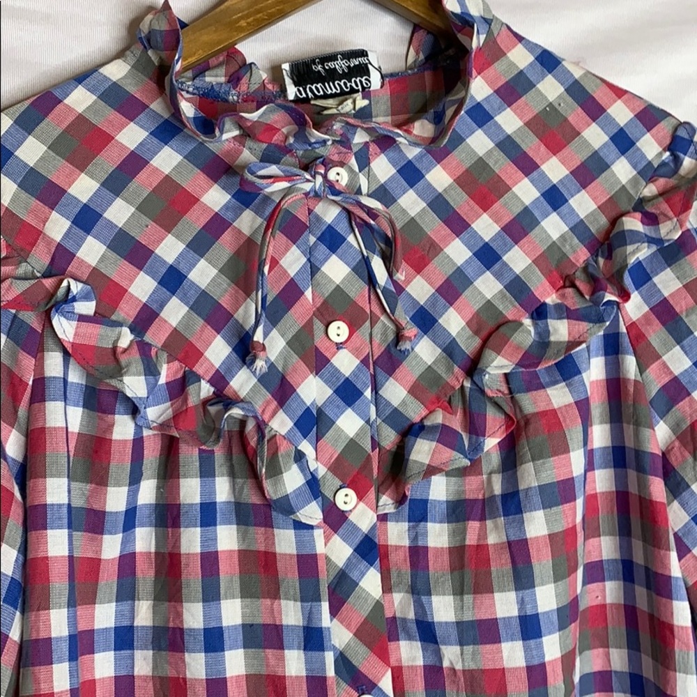 Vintage 70s coastal cowgirl ruffled check short sleeve western style blouse - Picture 3 of 11